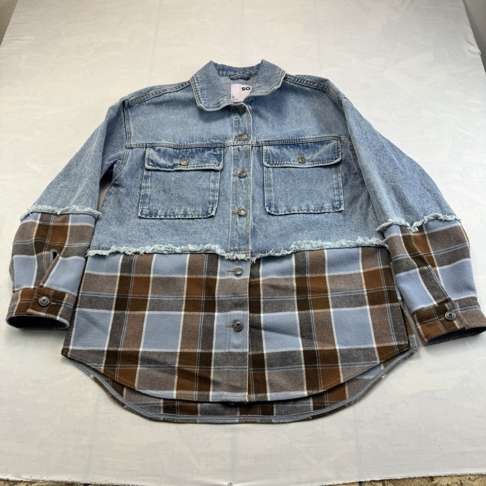 SO Denim Plaid Shacket Jacket Women's Medium Oversized Frayed Button Up